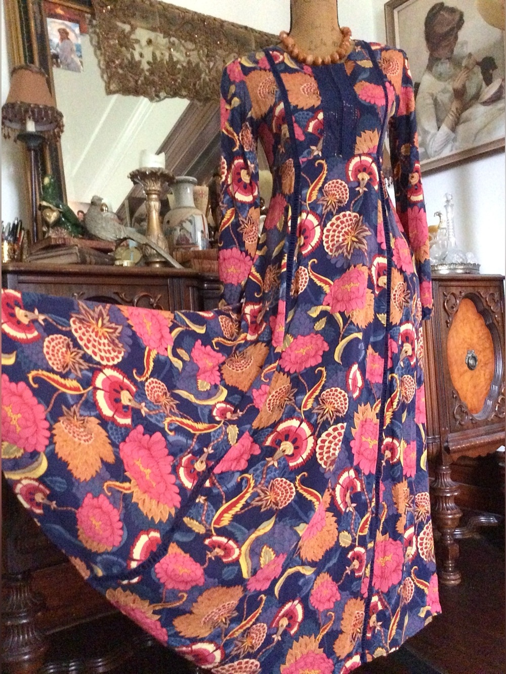 Vintage Fall Autumn Boho Hippie Gypsie Floral Botanical Print Peasant Maxi Dress